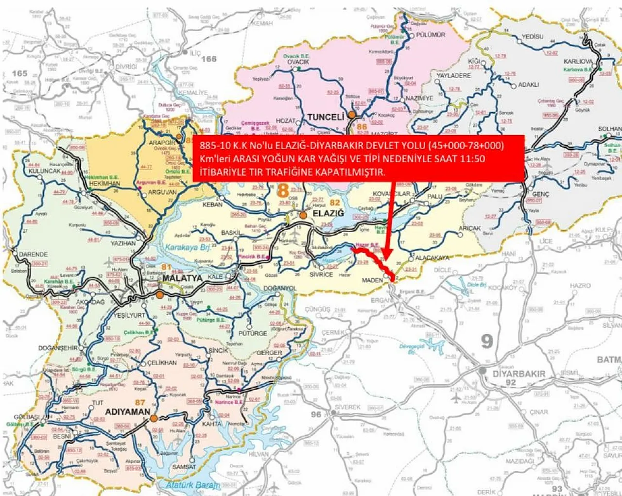 Ağır vasıtalara geçici yasak: Elazığ'ı Diyarbakır'a bağlayan yolda kritik önlem