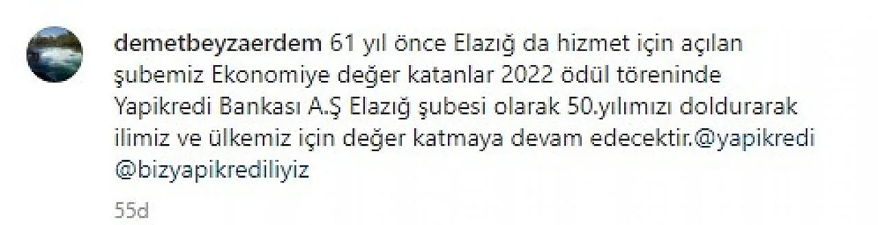 'Elazığ Ekonomisine Değer Katanlar'da bir ödül de YapıKredi Bankası'na