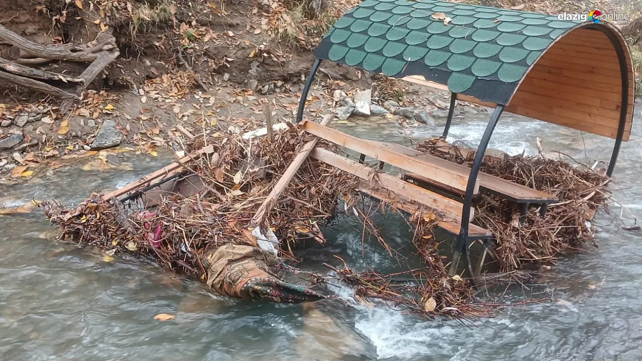 Elazığ Palu'da Teke Deresi Taştı! Banklar ve Çöp Konteynerleri Sulara Kapıldı!