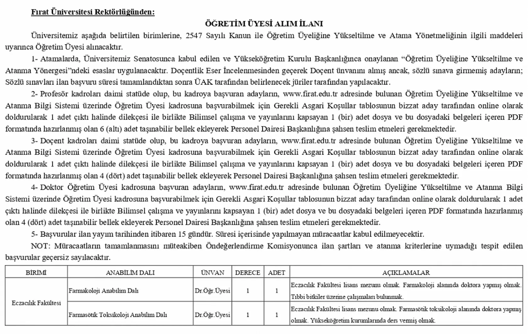 Fırat Üniversitesi 69 öğretim üyesi alımı için başvuruları açtı