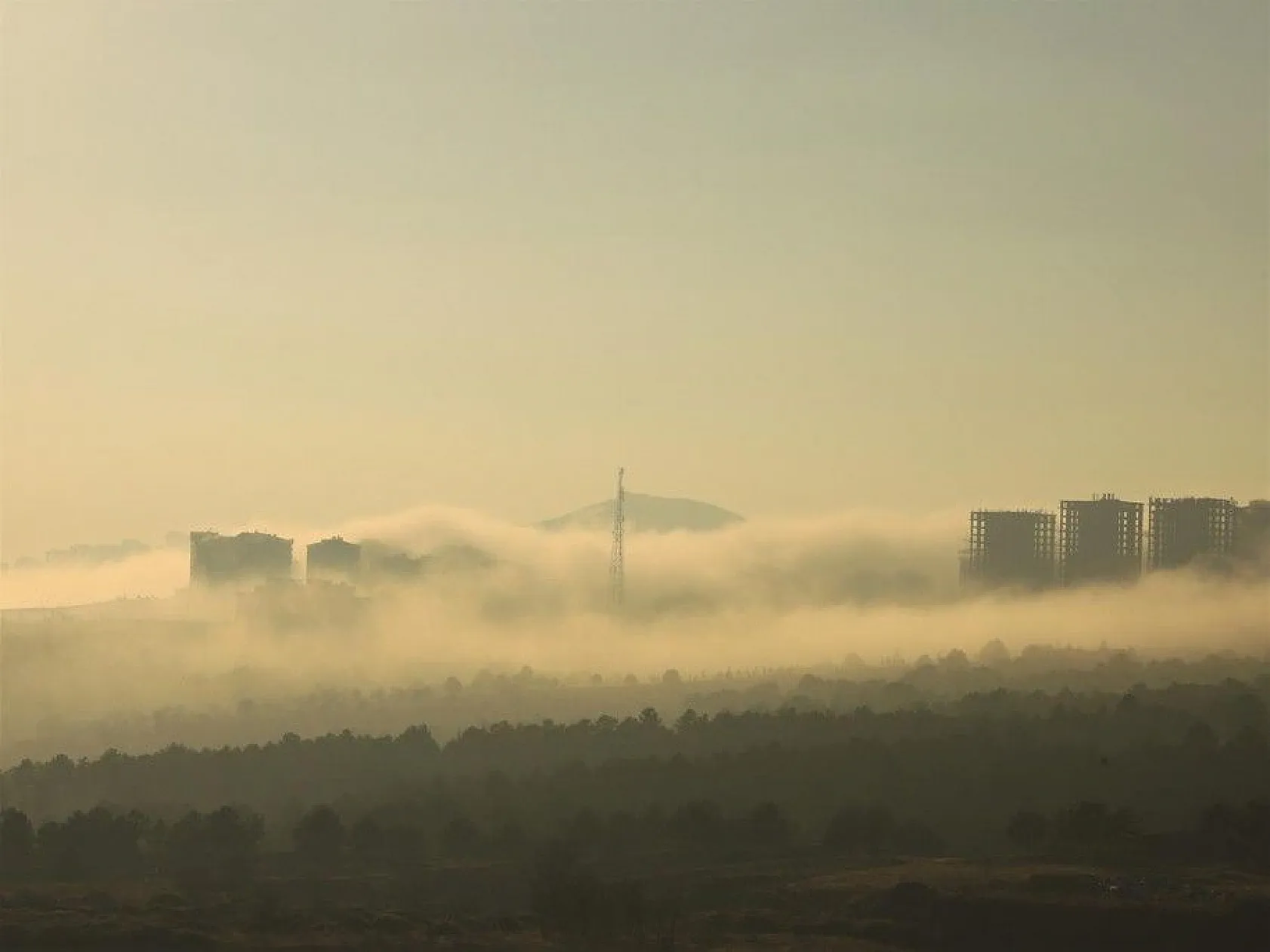 Sis yüksek yapıları içine aldı, görsel şölen oluşturdu