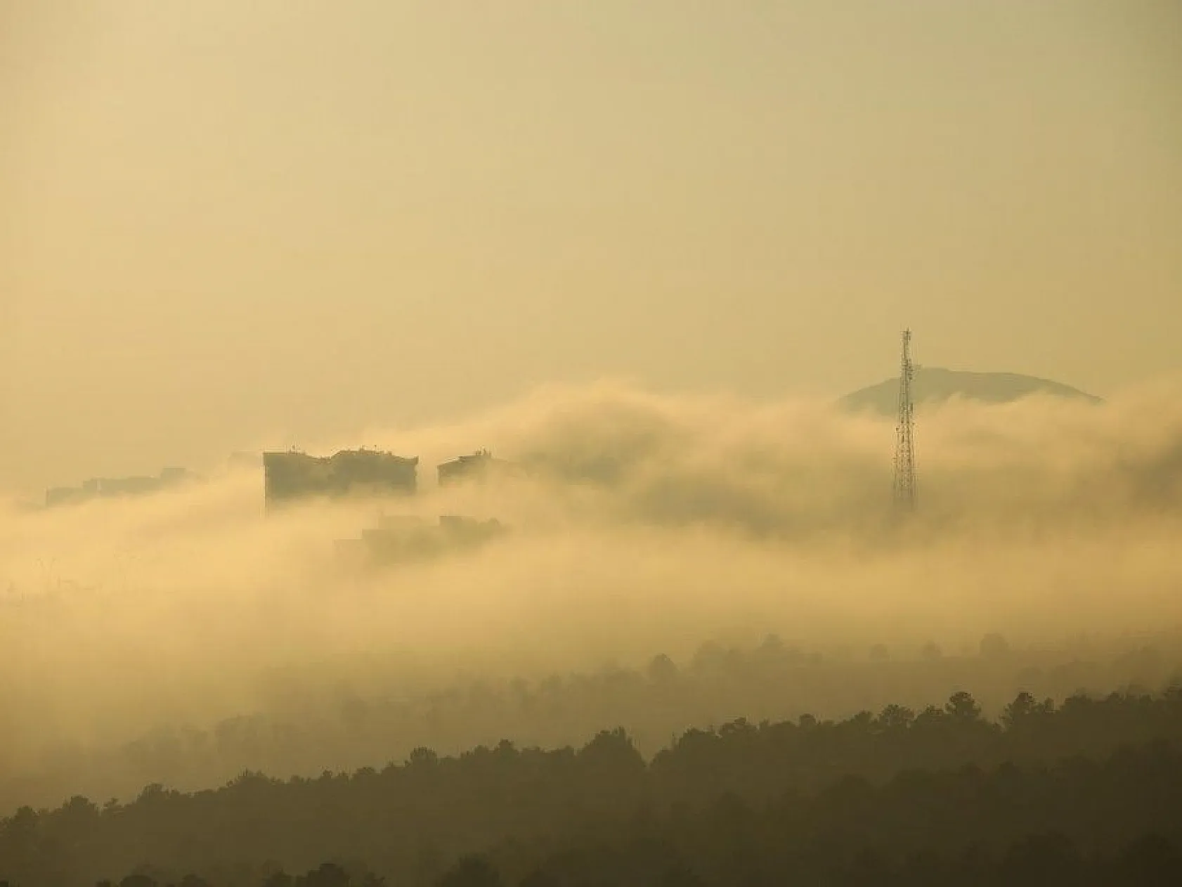 Sis yüksek yapıları içine aldı, görsel şölen oluşturdu