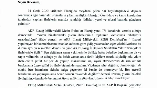 Vekil Erol'dan Elazığ'a Müfettiş Görevlendirilmesi Talebi