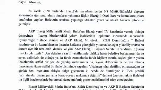 Vekil Erol'dan Elazığ'a Müfettiş Görevlendirilmesi Talebi