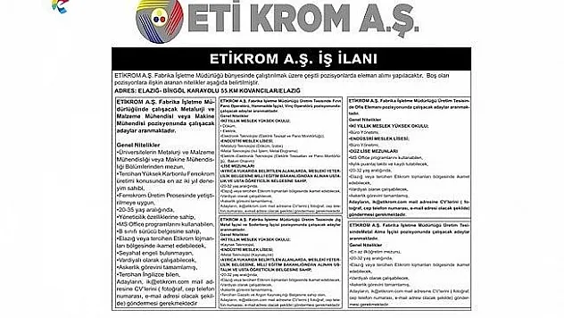 ETİKROM A.Ş. personel alacak