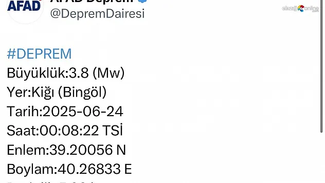 Bingöl'de 3.8 büyüklüğünde deprem