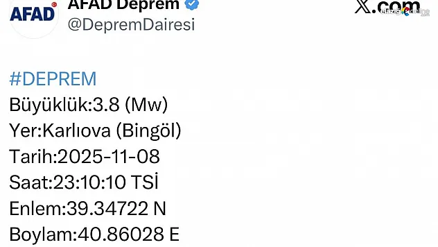 Bingöl'de 3.8 büyüklüğünde deprem