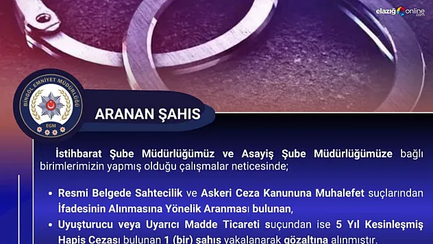 Bingöl'de kesinleşmiş hapis cezası bulunan zanlı yakalandı