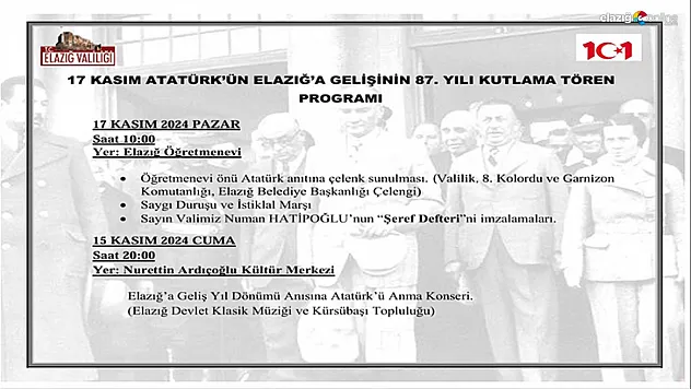 Elazığ'da Atatürk'ü Anma Günü: 87. Yıl Kutlamaları ve Etkinlik Programı