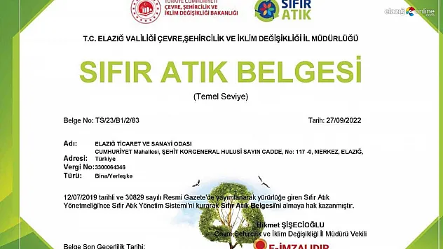 Elazığ TSO 'Sıfır Atık Belgesi' almaya hak kazandı
