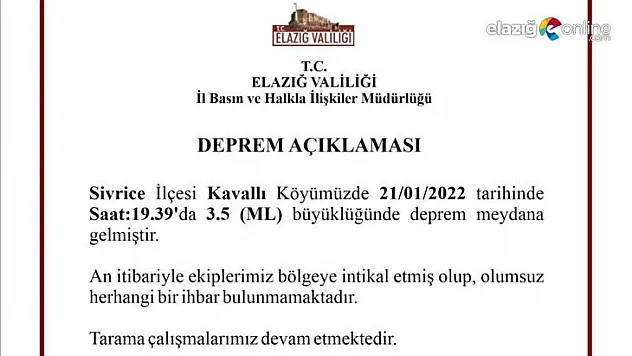 Elazığ Valiliğinden deprem açıklaması