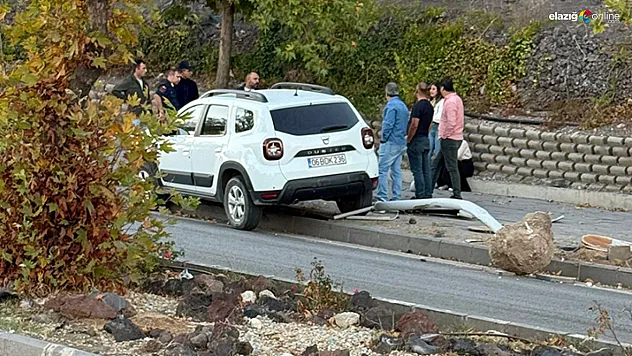 Harput Yolu'nda Kaza! Araç Yol Tabelasına Çarpıp Refüje Çıktı
