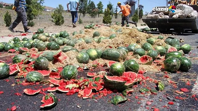 Kamyon devrildi, patates ve karpuzlar yola saçıldı