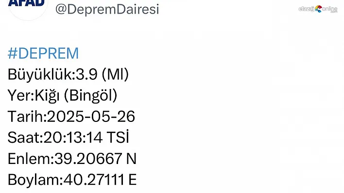 Bingöl'de 3.9 büyüklüğünde deprem