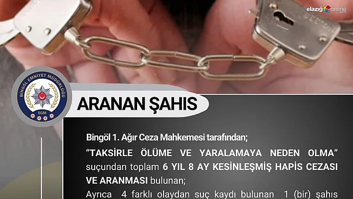 Bingöl'de 6 yıl 8 ay kesinleşmiş hapis cezası bulunan şahıs yakalandı