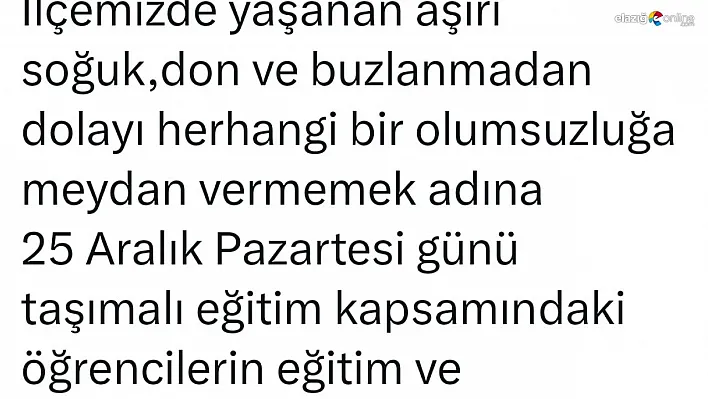 Bingöl'de iki ilçede daha taşımalı eğitime 1 gün ara verildi