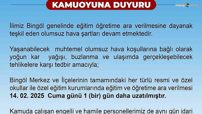 Bingöl'de okullara kar tatili