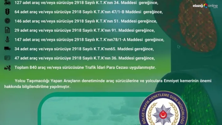 Bingöl'de Temmuz ayı içinde 840 araca para cezası verildi