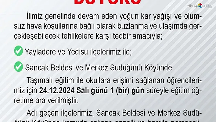 Bingöl'ün iki ilçesinde taşımalı eğitime 1 gün ara