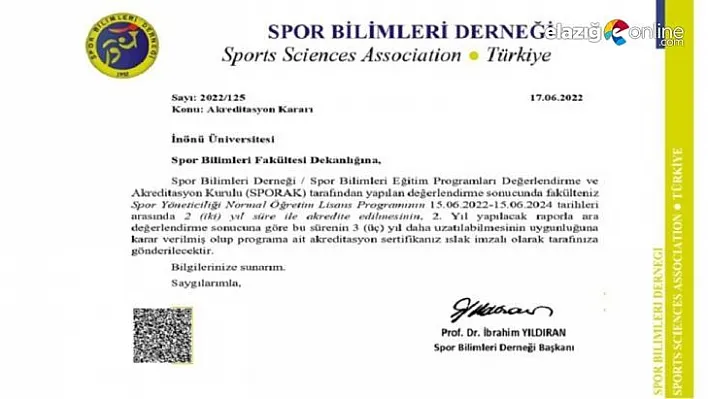 İnönü üniversitesi Spor Yöneticiliği bölümü akredite edildi