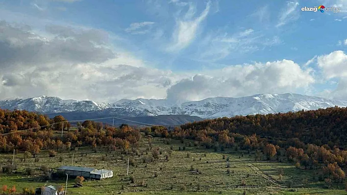 Karla kaplı dağlar sonbaharın renkleriyle buluştu