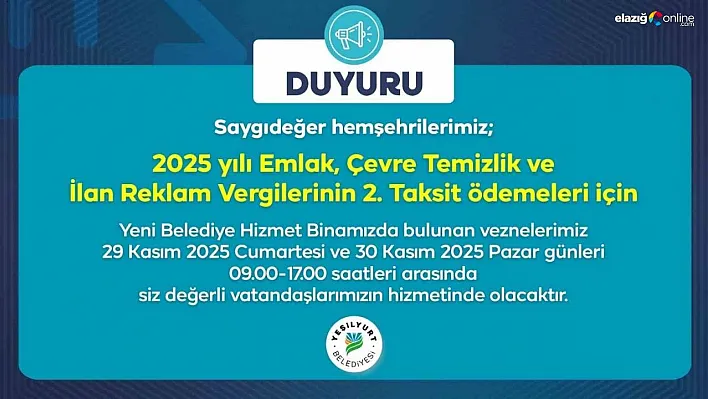 Yeşilyurt Belediye vezneleri, hafta sonu hizmet verecek