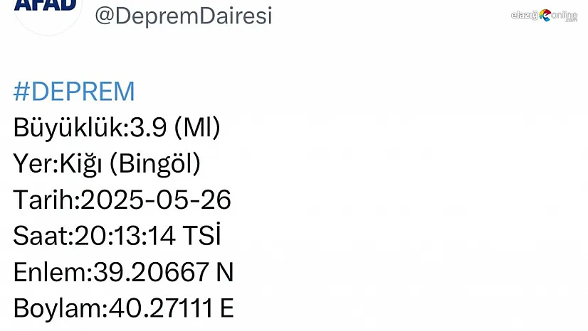 Bingöl'de 3.9 büyüklüğünde deprem