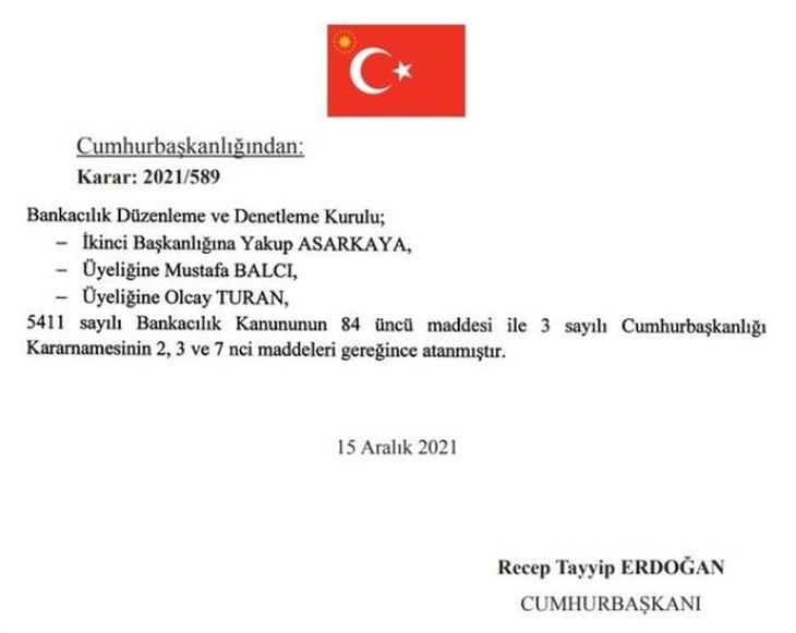 BDDK'ye ise 3 yeni atama gerçekleşti. BDDK ikinci başkanlığına Yakup Asarkaya, BDDK üyeliklerine ise Mustafa Balcı ve Olcay Turan getirildi.