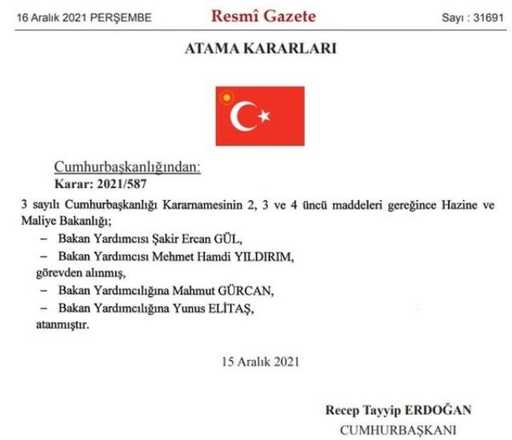 Buna karara göre; Hazine ve Maliye Bakanlığı Bakan Yardımcısı Şakir Ercan Gül ve Bakan Yardımcısı Mehmet Hamdi Yıldırım görevden alındı. Yerlerine Mahmut Gürcan ve Yunus Elitaş atandı.