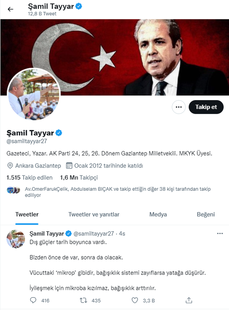 Gazeteci, Yazar. AK Parti 24, 25, 26. Dönem Gaziantep Milletvekili. MKYK Üyesi Şamil Tayyar