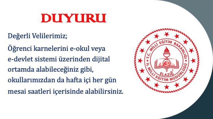 Elazığ İl Milli Eğitim Müdürlüğü öğrencilerin nasıl karne alacaklarını açıkladı