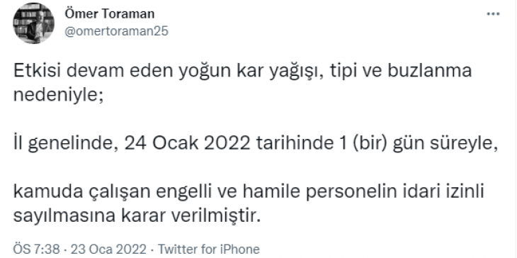 Elazığ Valisi Dr. Ömer Toraman twitter hesabından kamuda çalışan engelli ve hamile personelin idari izinli sayılması kararını duyurdu