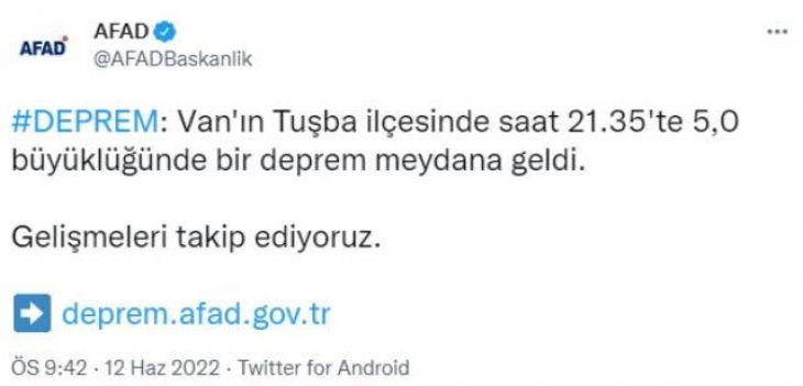 Van'da 5.0 büyüklüğünde deprem!